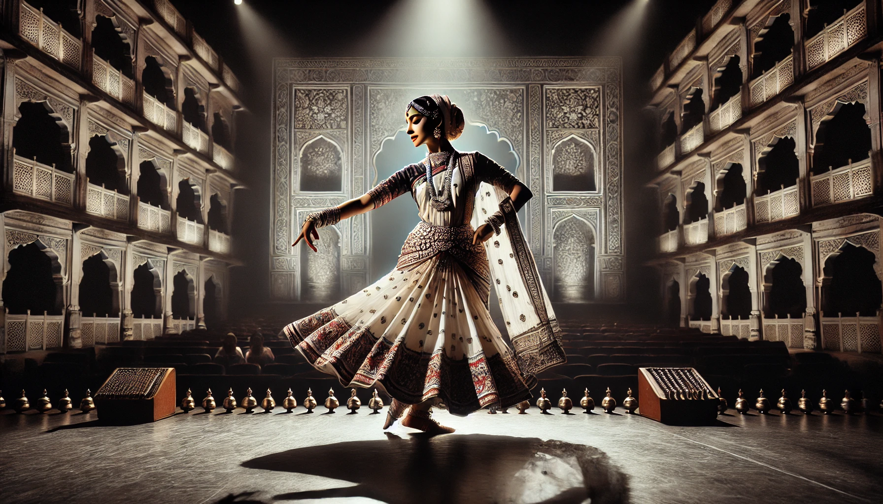 DALL·E 2024-11-17 22.53.48 - A captivating Kathak dance performance event on an elegant stage. The image showcases a Kathak dancer in a graceful pose, wearing a traditional flowin